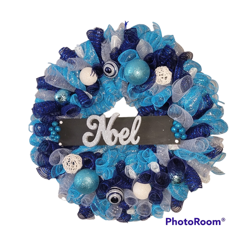 Large size Noel Blue and Silver Christmas Ornament Holiday Wreath